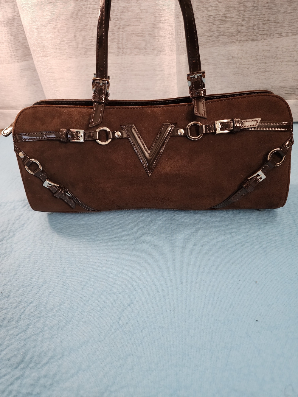 Via Spiga Brown Suede Shoulder Bag with Gloss Trim and Ring Accents
